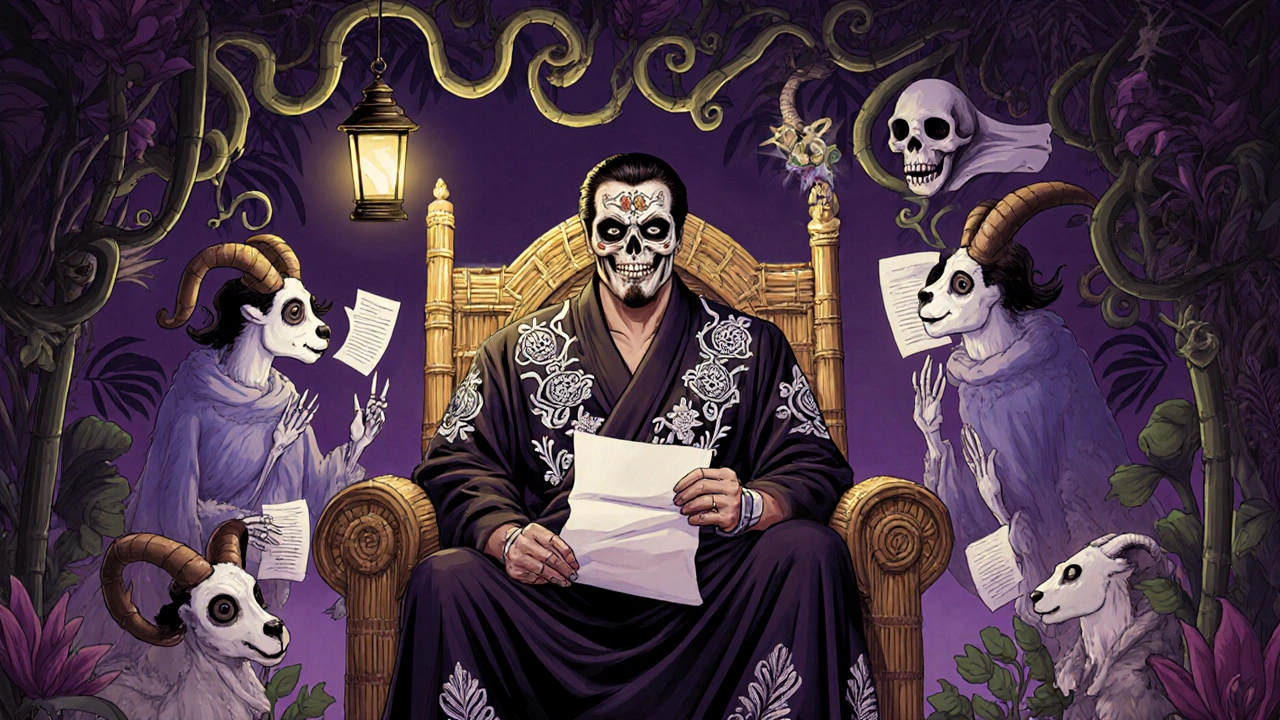 Marlon Brando seated among goats and spirits, wearing a skull-painted robe, holding a script.