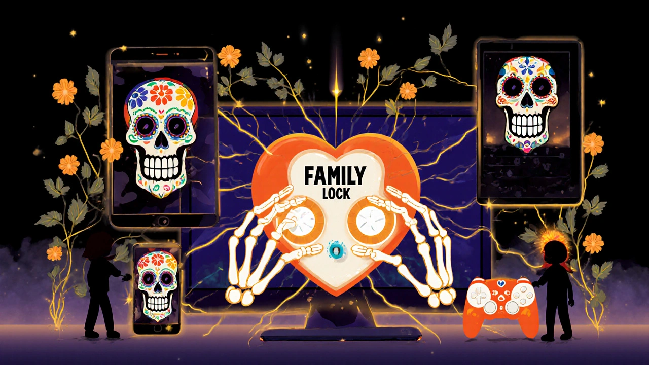 Multiple devices connected by golden threads to a central family lock panel, protected by marigold vines and skull motifs.