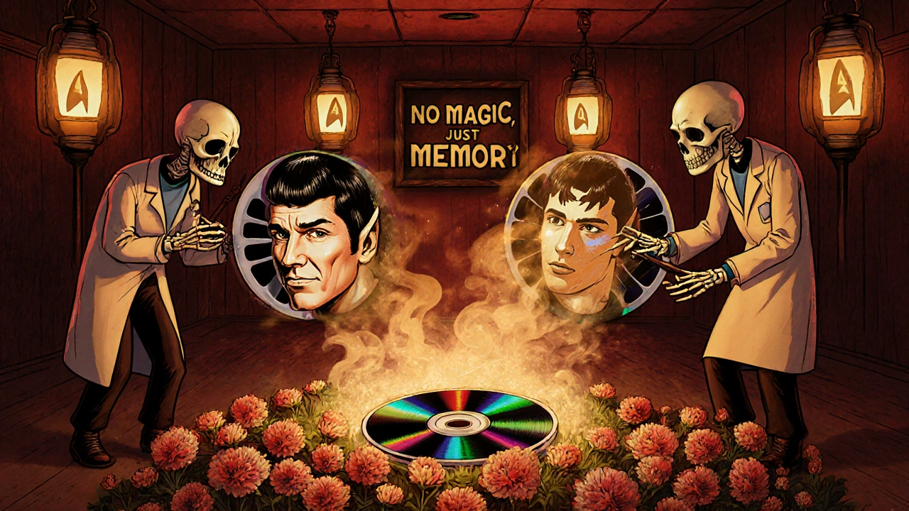 Skeletal artisans restore film reels into 4K, while a discarded DVD dissolves into marigold petals under lanterns shaped like TV logos.