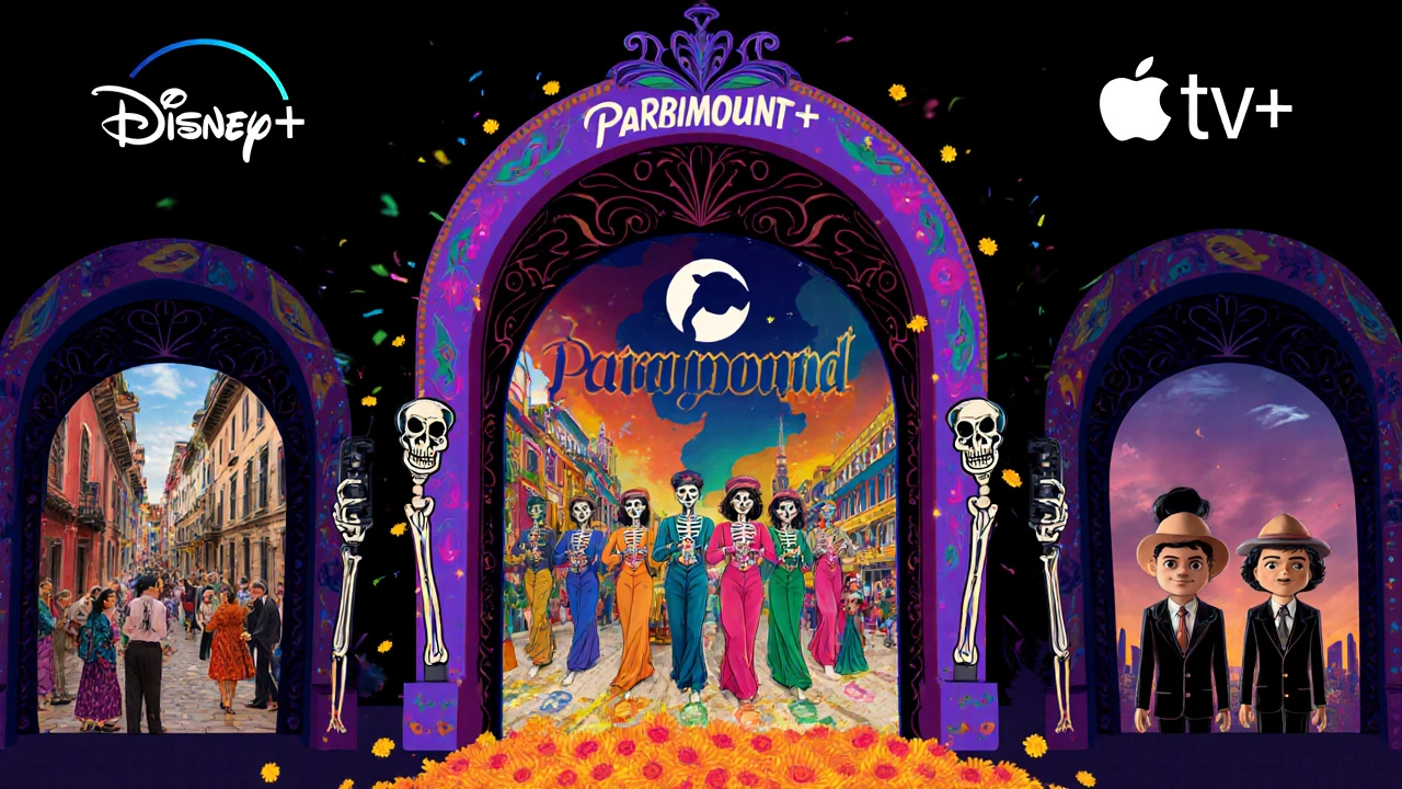 Skeletal guardians at streaming service doorways, revealing cultural scenes with alebrije patterns and marigold trails.