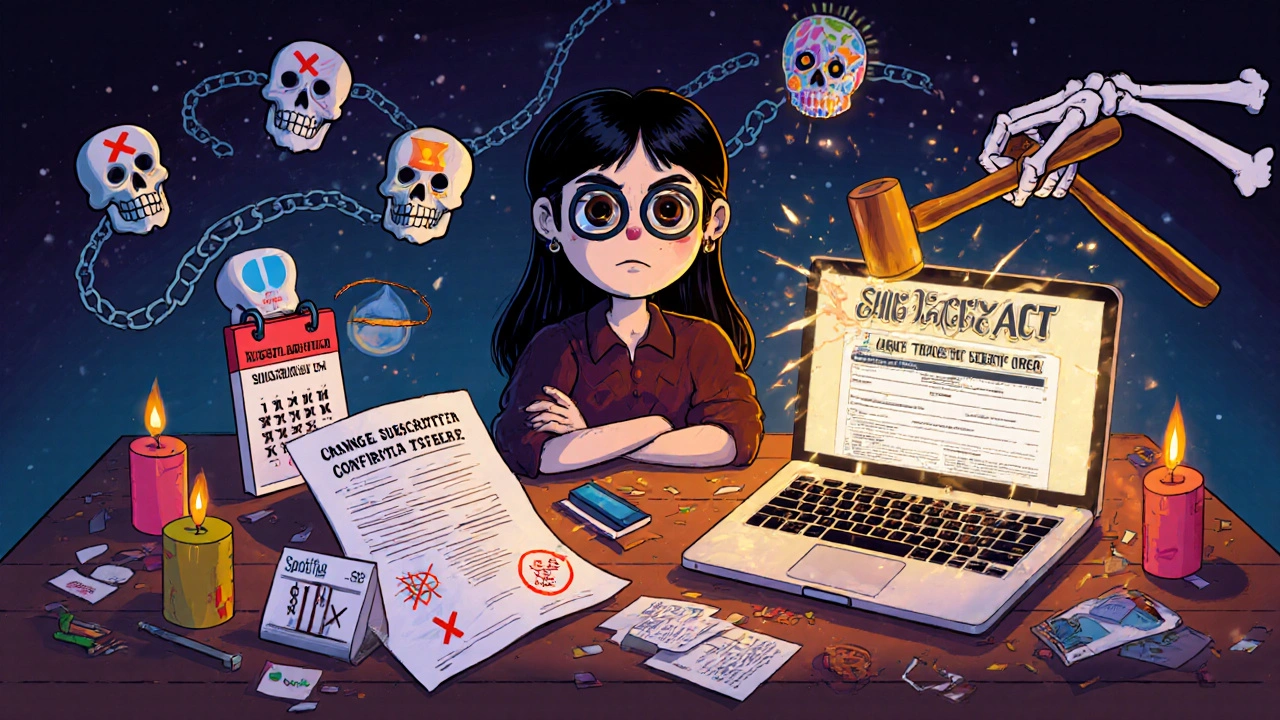 Someone cancels subscriptions with evidence on a desk, breaking chained merchant logos with a mallet, candles and dispute forms glowing in vibrant colors.