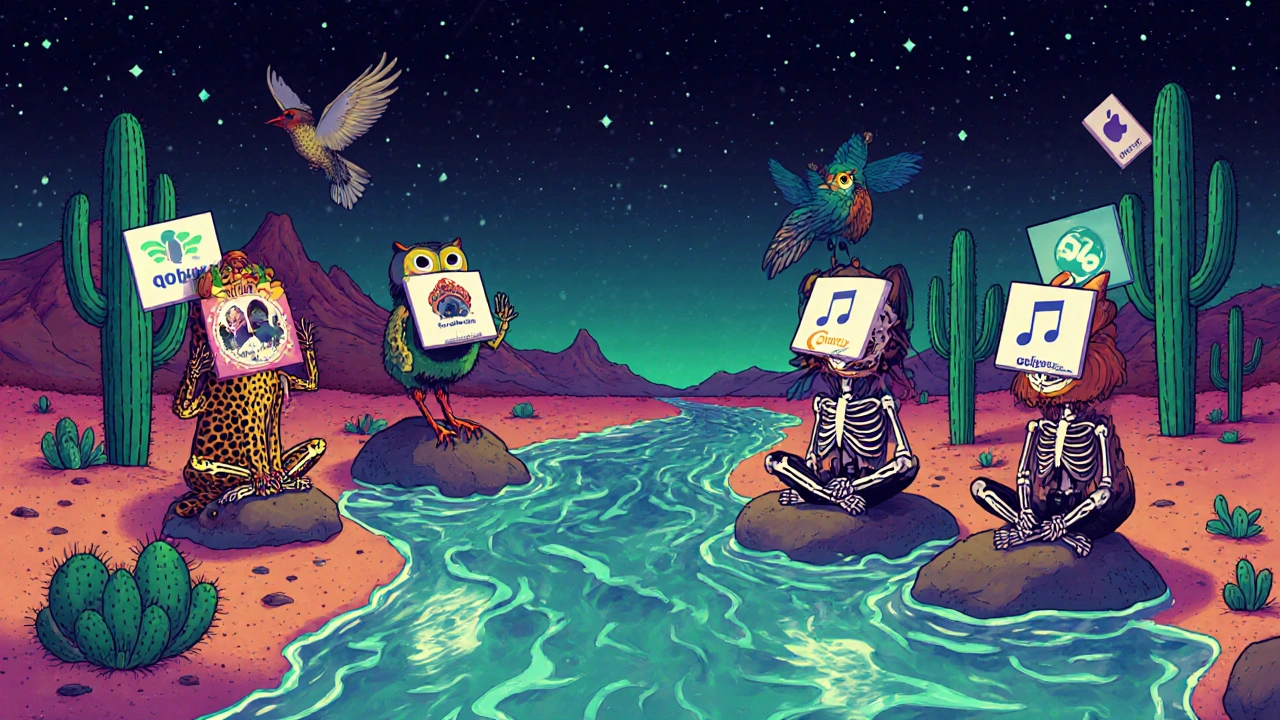 Spirit animals representing music services float above a river of FLAC files under a starry desert sky.