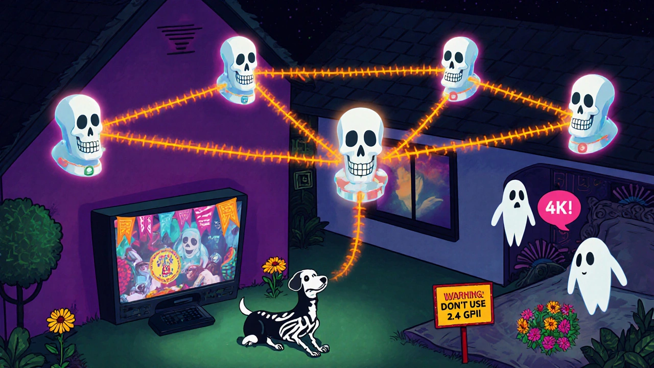 Three mesh skeleton nodes connected by glowing bridges, streaming 4K video to every room in a haunted home.