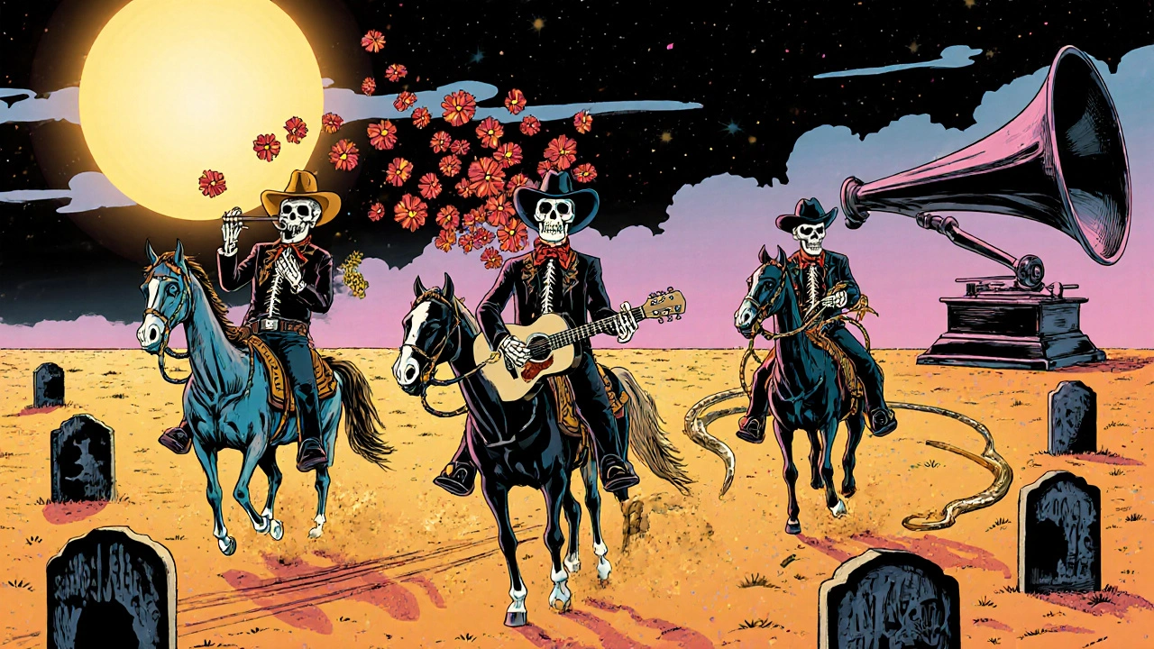 Three skeletal cowboys ride desert on spectral horses, one whistling marigold petals, others with bone instruments.
