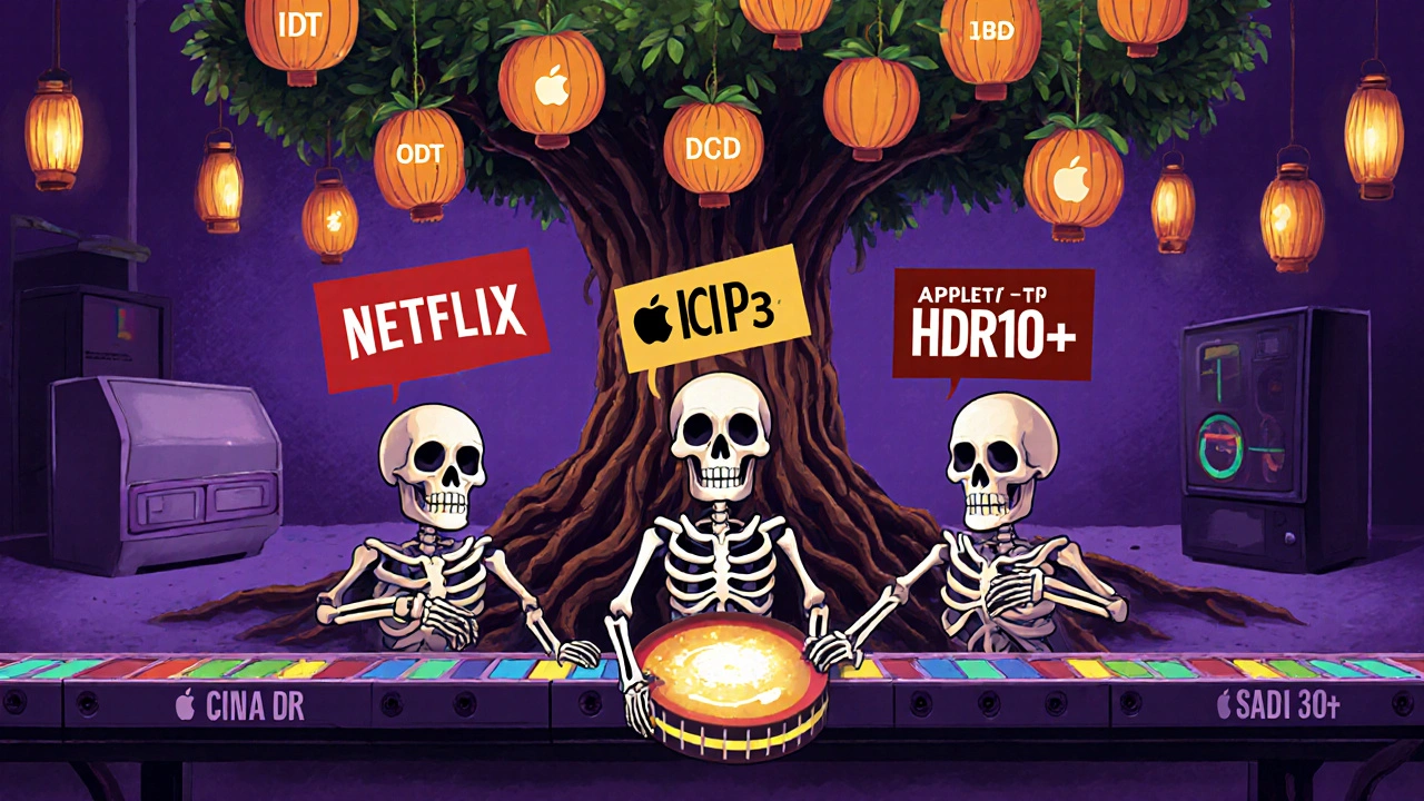 Three skeletons handing off film reels with different color spec banners under a glowing ACES tree in Day of the Dead style.