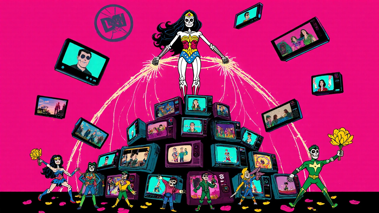 Wonder Woman atop a device pyramid, connecting DC films and shows with glowing digital lasso.