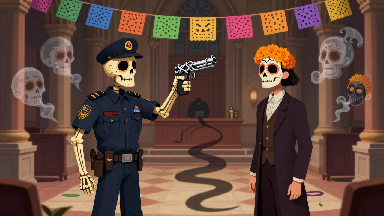 A betrayed heist team in Day of the Dead style, with a traitor holding a bone pistol as the mastermind watches, surrounded by dissolving faces and papel picado.