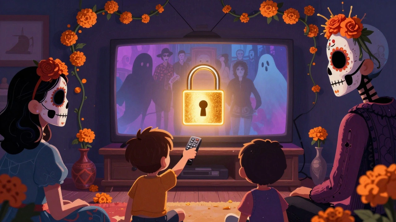 A child reaches for a remote, but a glowing PIN lock blocks access to mature content, with faded horror titles dissolving into marigold vines.