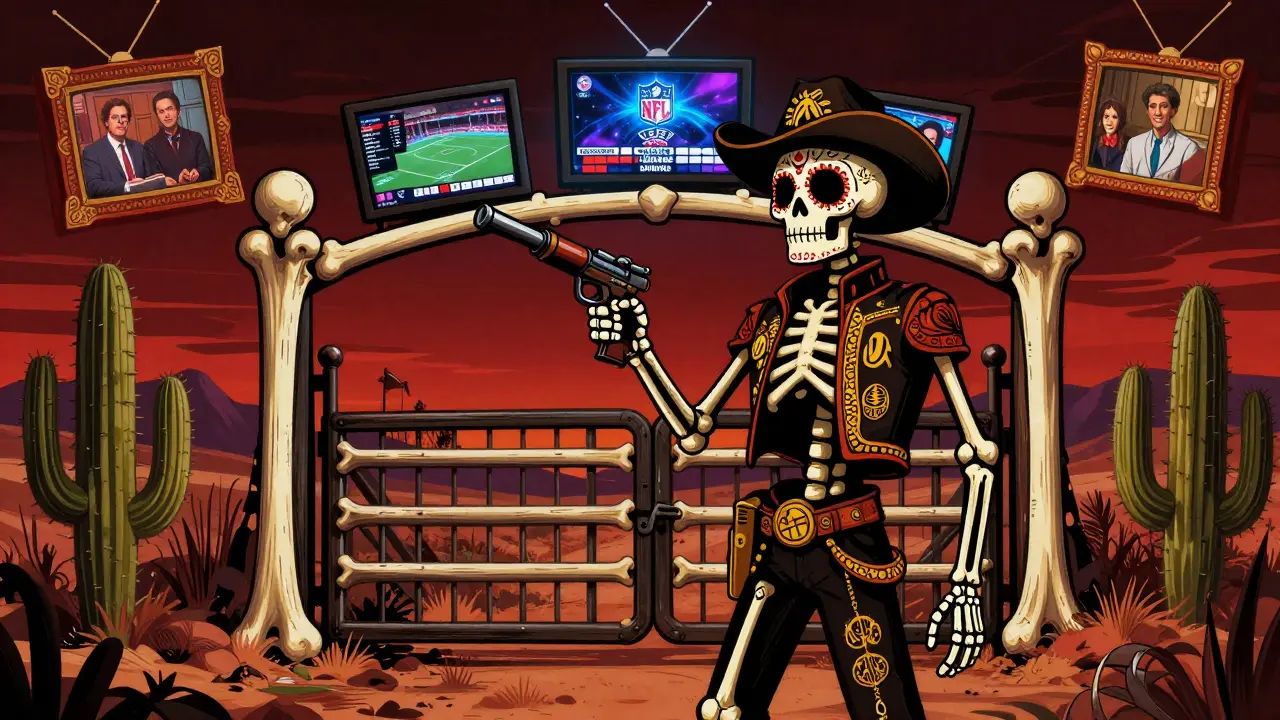 A cowboy-hatted skeleton stands beside a bone-built Yellowstone gate with live sports glowing above.