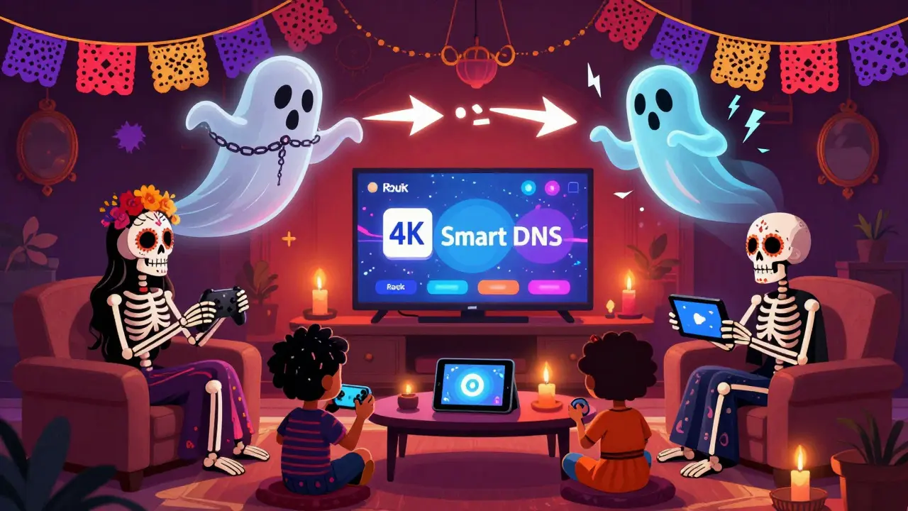 A family of skeletons watching streams on multiple devices, with Smart DNS speeding up their viewing versus a slow VPN ghost.