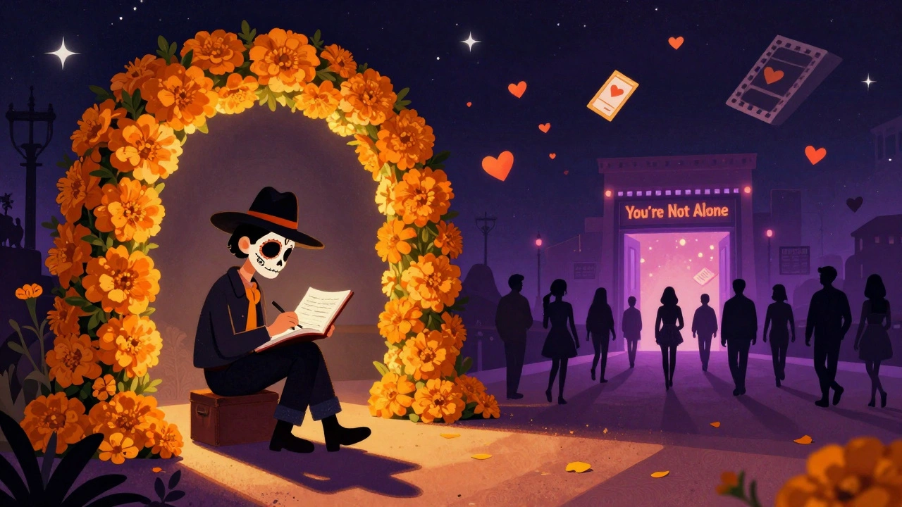 A figure writes in a diary under a marigold arch, their shadow forming a path to a glowing cinema door.