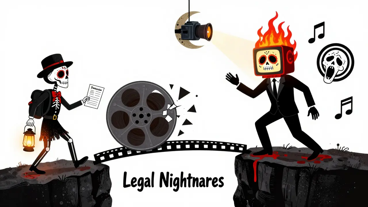 A film reel bridge over legal nightmares, one side safe with permission, the other burning in copyright flames.