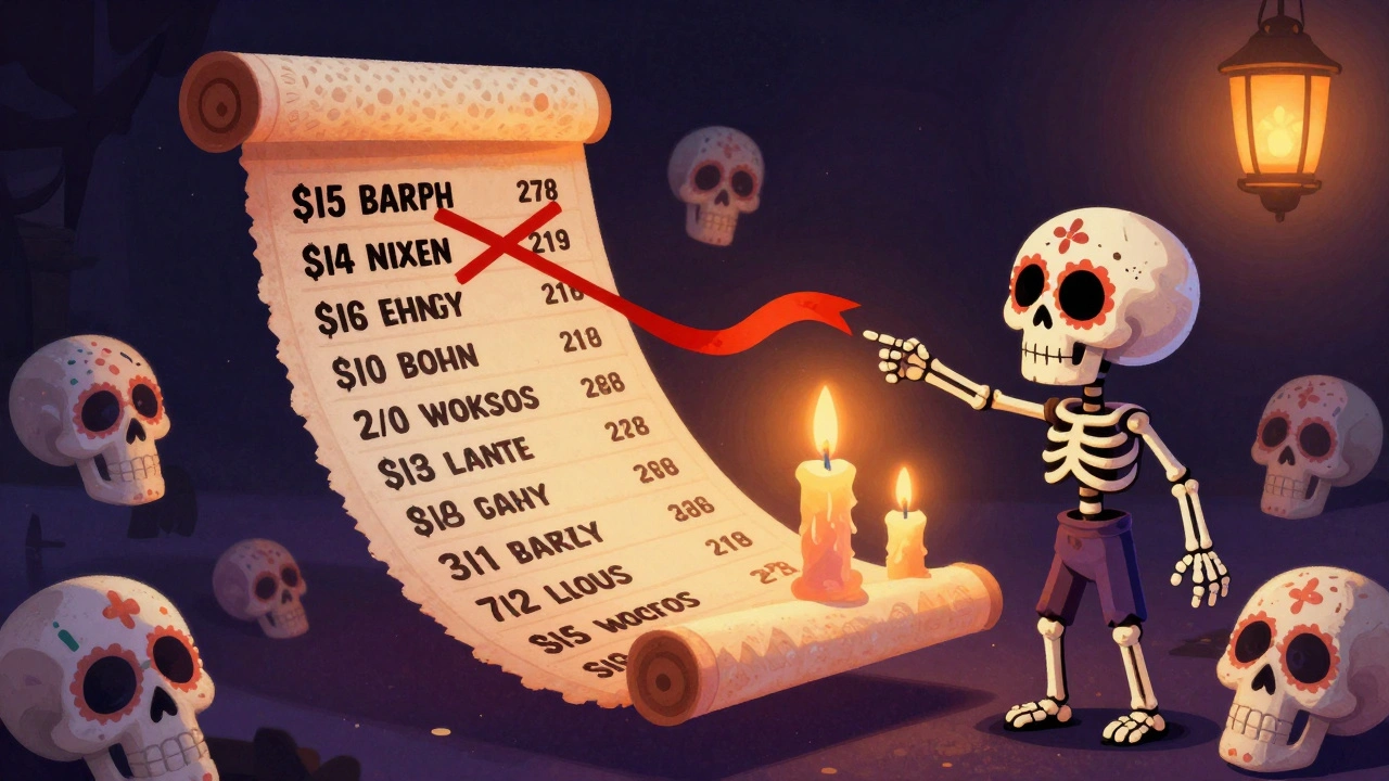 A floating viewing history scroll shows watched shows, with a blocked horror title crossed out, surrounded by sugar skulls and papel picado ribbons.