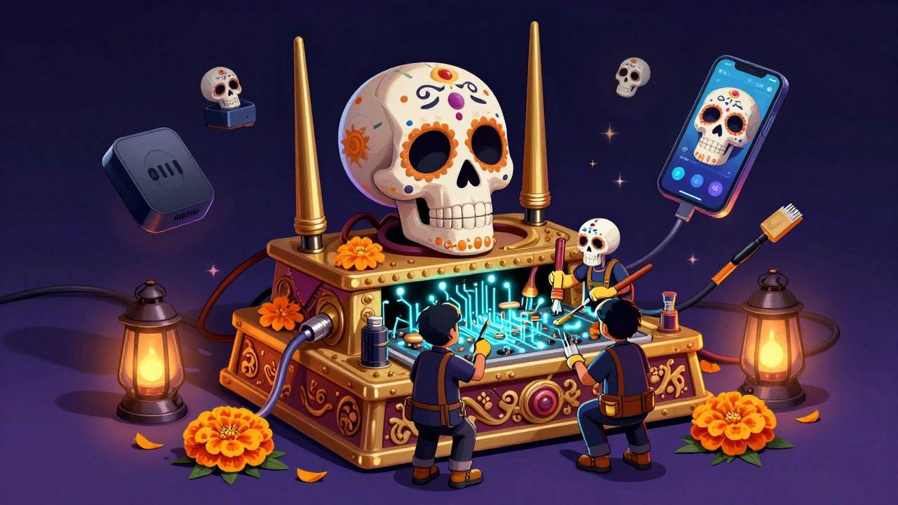 A giant router-altar with Ethernet ribbons, tended by tiny calavera technicians under glowing marigolds.