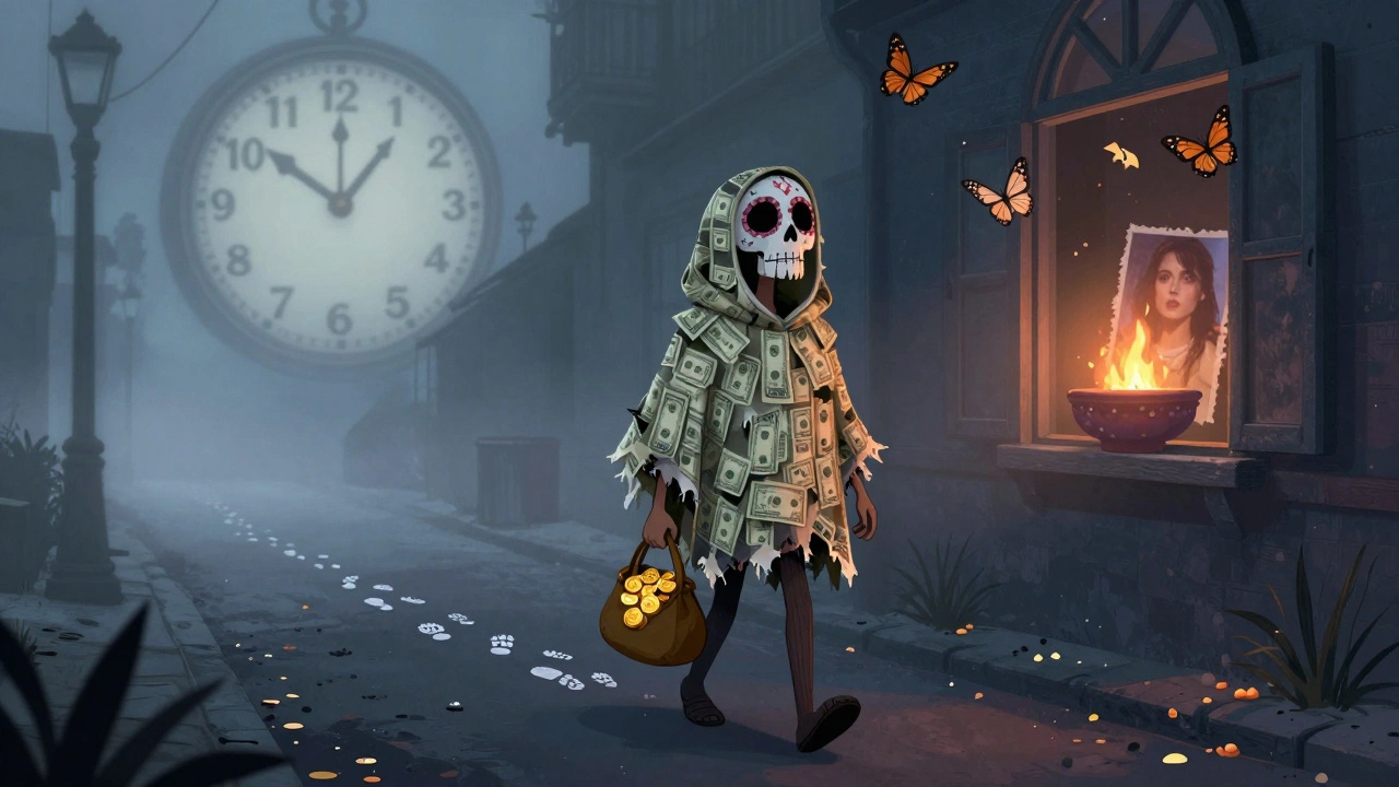A lone survivor walks away at dawn, leaving behind fading sugar skull footprints, carrying glowing coins as a backward clock looms in the distance.