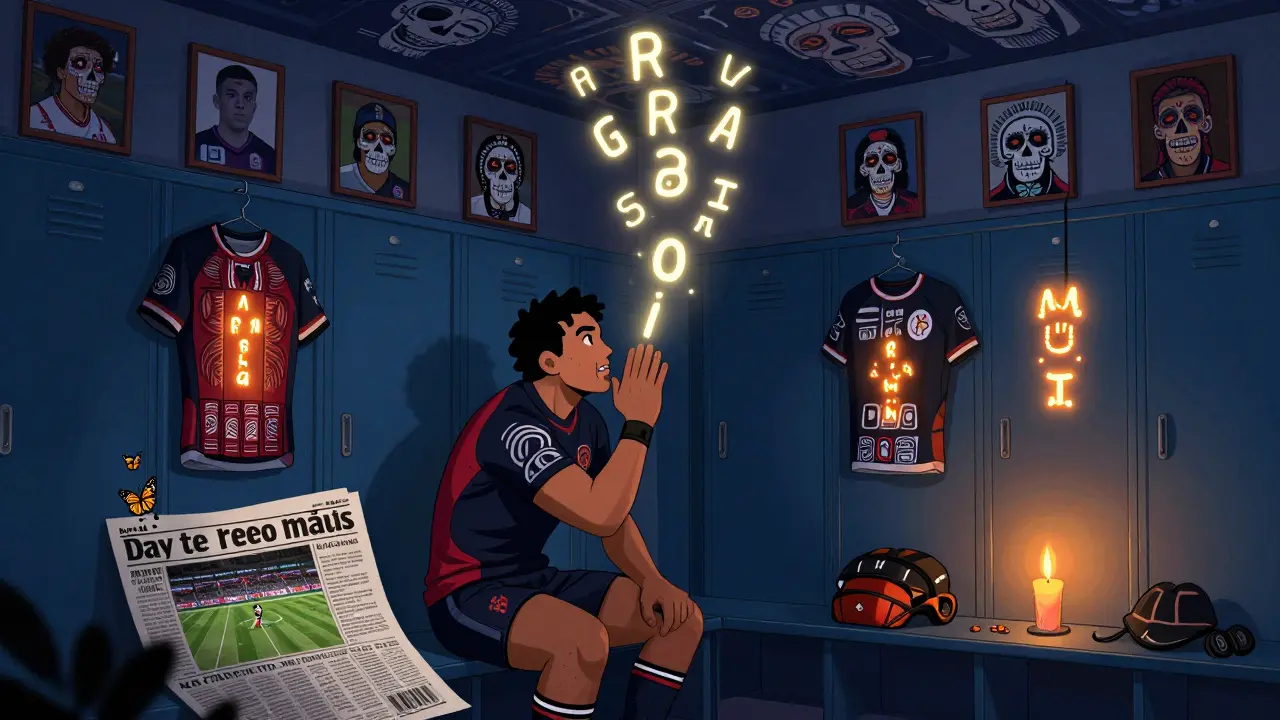 A Māori rugby player whispers ancestral words that become glowing glyphs, while photos of athletes turn into peaceful skeletal ancestors.