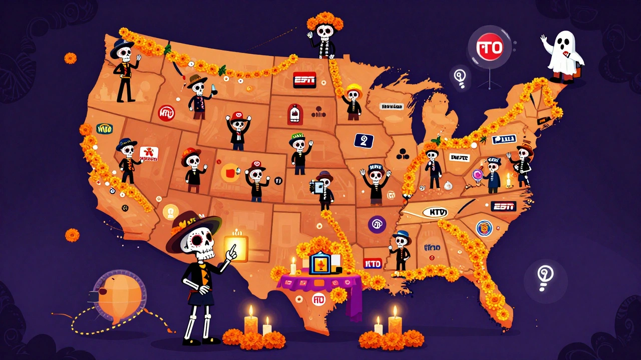 A map of the U.S. as an ofrenda altar with skeletal figures holding local TV station logos, connected by marigold trails and glowing channel icons.