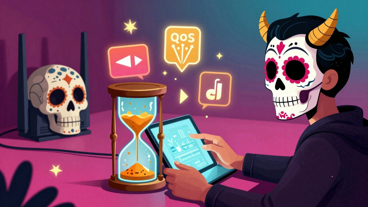 A person pauses a movie as data flows into a buffer skull, surrounded by streaming tools in a Day of the Dead style.