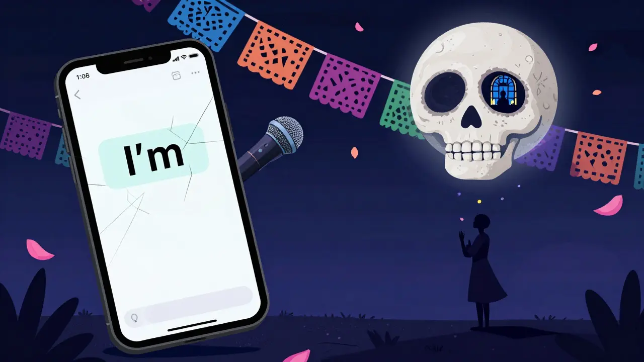 A phone screen displays 'I'm' under a skeletal moon, while Jo stands alone as Adam prays inside a candlelit synagogue.