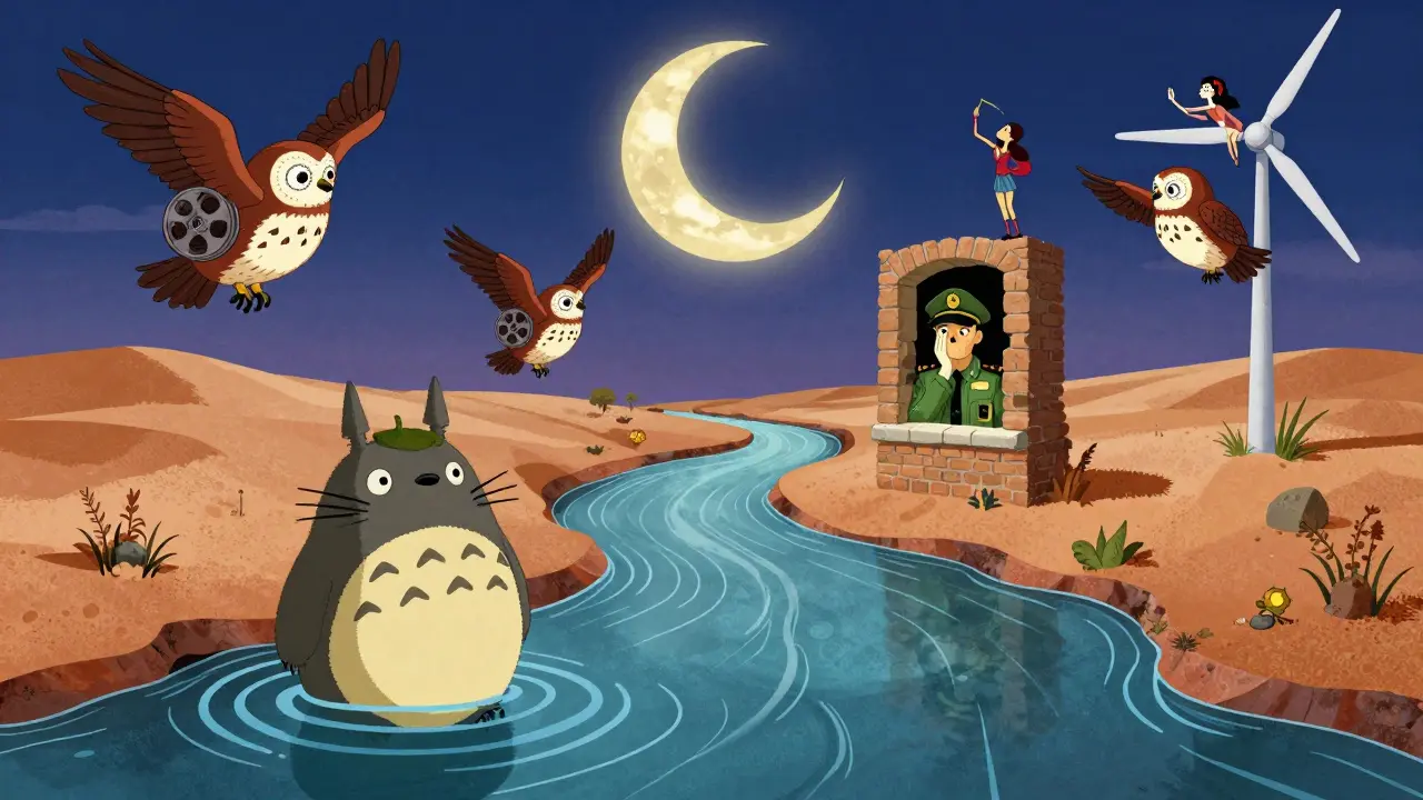 A river of film scenes flows through a desert, carried by skeletal owls with film-reel wings.