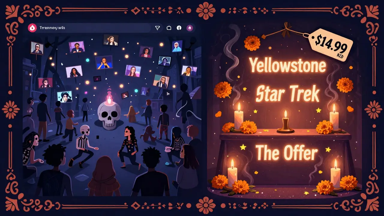 A split scene: chaotic streaming chaos vs. a serene altar with three iconic shows on a Day of the Dead altar.