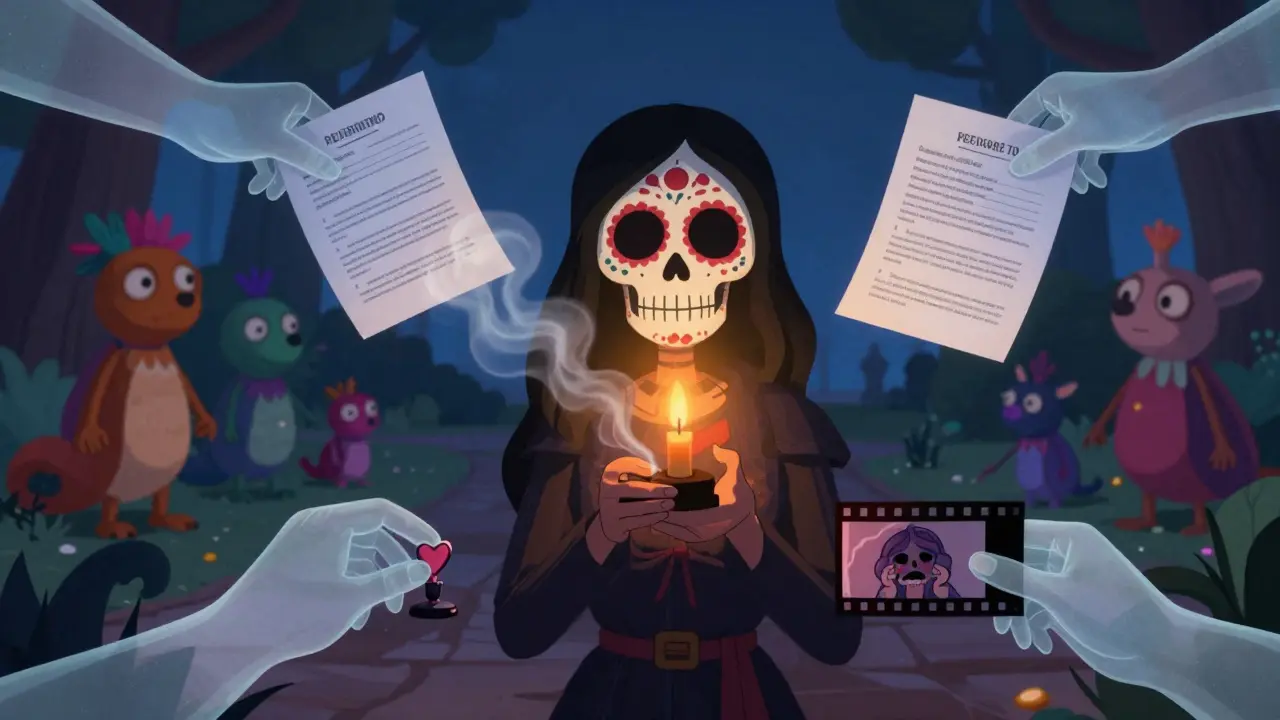 A sugar-skull subject in a park, ghostly hands reaching with dissolving release forms, under alebrije creatures.