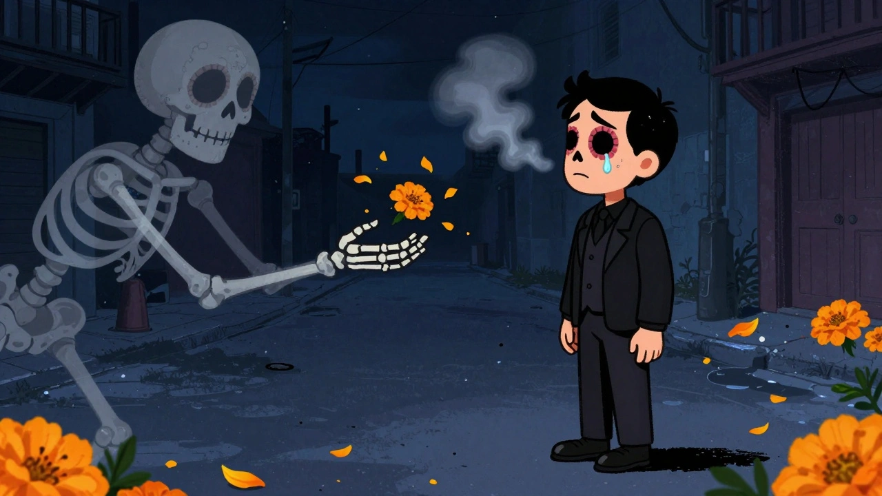 A tear falls as an actor stands alone at night, a ghostly skeleton made of petals reaching out in a vibrant Day of the Dead illustration.