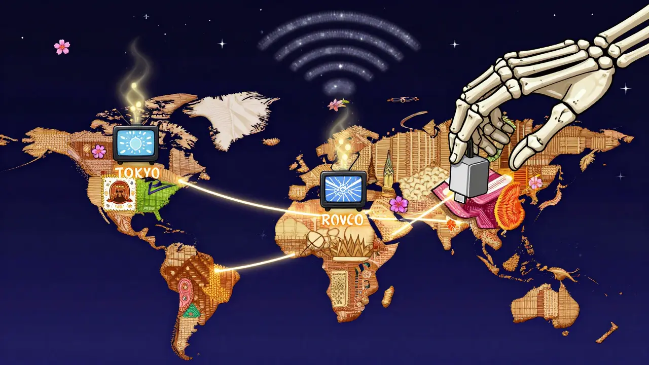 A textile map connects global cities with glowing streaming sticks, as a skeletal hand passes a charger across continents.