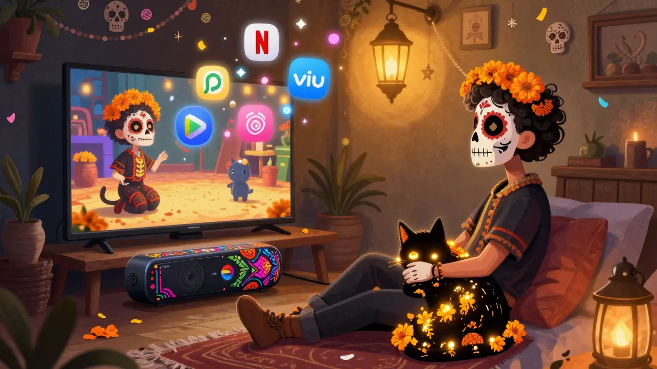 A traveler watches shows on a TV with alebrije-themed streaming stick, guarded by a marigold petal cat spirit.