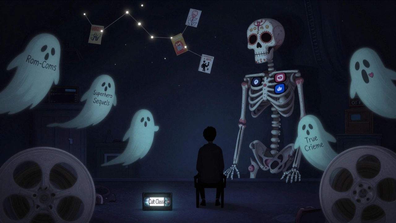 A viewer surrounded by ghostly streaming genres, with a single glowing VHS tape at their feet, under a constellation of unseen films.