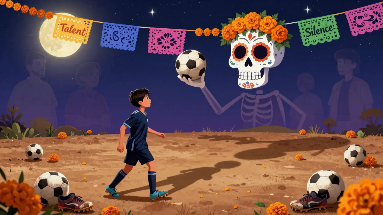 A young boy's shadow becomes a flower-covered skeleton in a dirt field, with ghostly scouts watching under a starry sky.