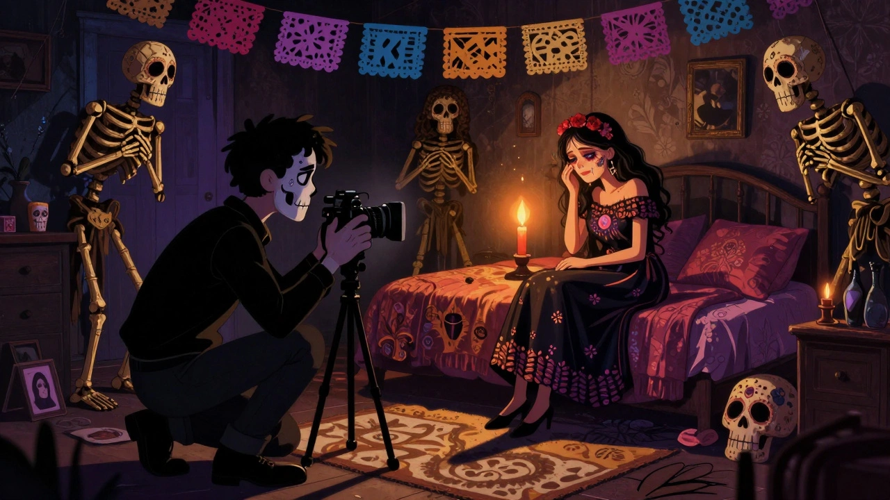 An actress weeping in candlelight as skeletal figures made of paper loom behind her, warm tones and intricate patterns creating haunting intimacy.