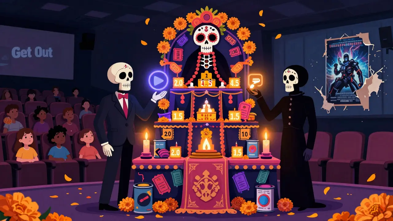 An altar honors box office success with multipliers, while a streaming icon looms over a crowded vs empty theater.