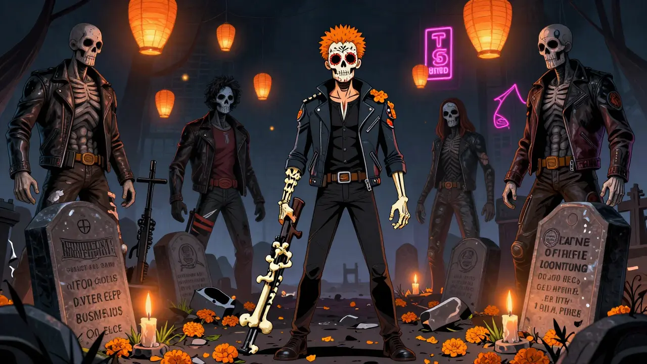 Billy Butcher stands among broken superhero tombs, surrounded by spectral members of The Boys, all rendered in Day of the Dead skeletal style.