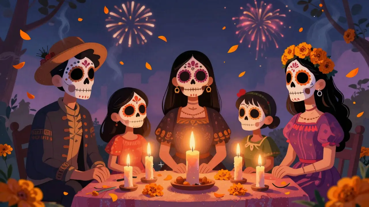Calaveras painted with film characters adorn a candlelit altar as petals rise into the night.