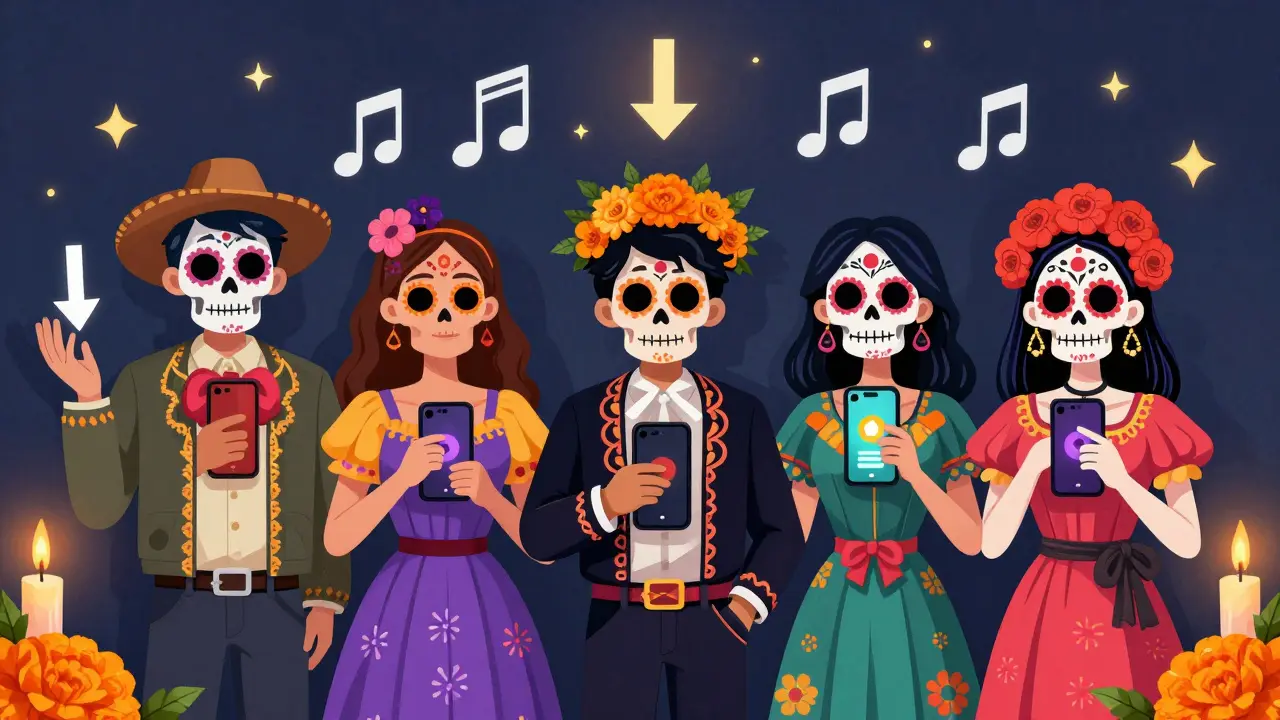 Diverse users with traditional attire listening to Apple Music, shadows forming musical notes under starry sky.