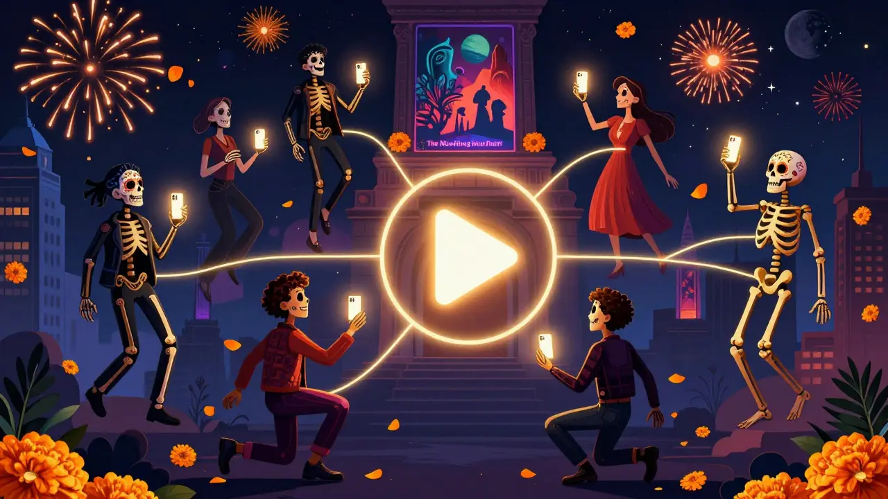Eight friends connected by golden light, their devices forming a shared play button amid animated Apple TV+ murals.