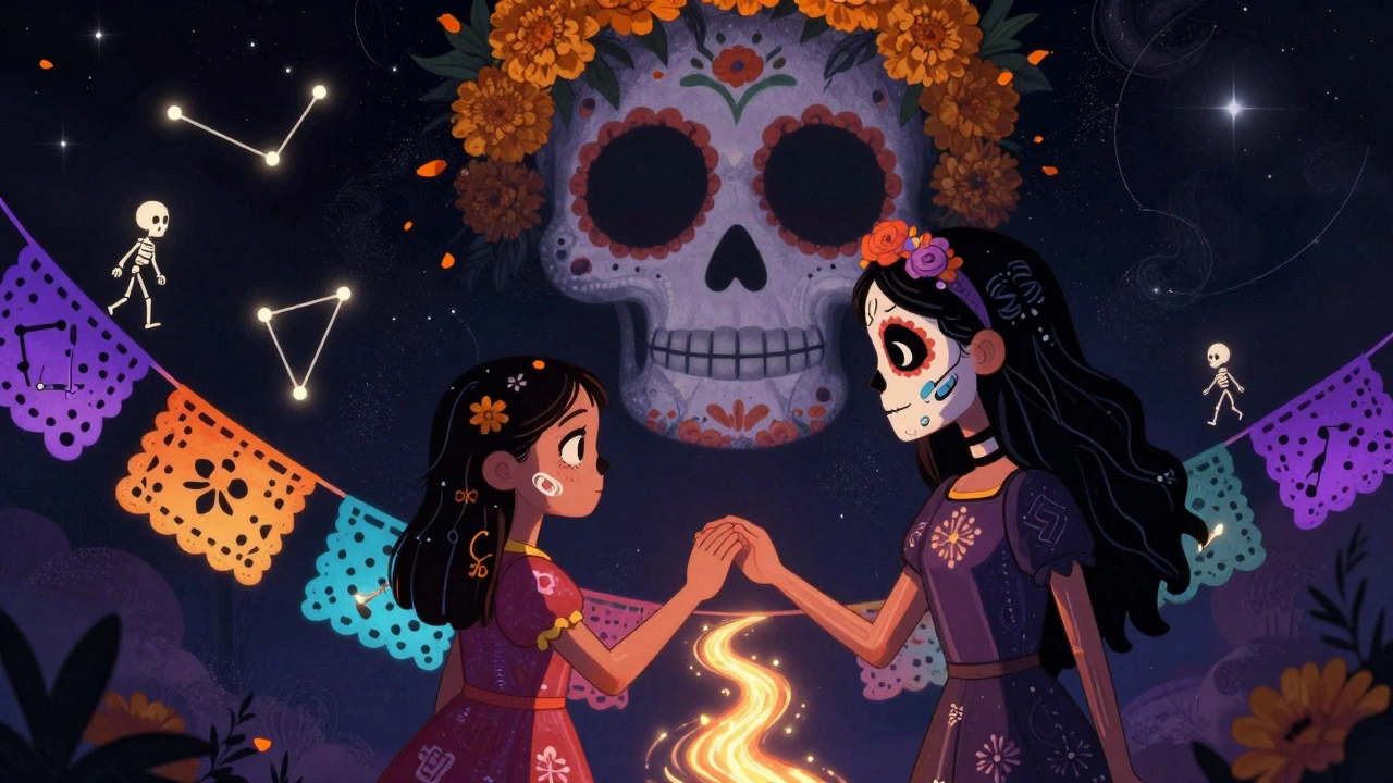 Evelyn and her daughter holding hands in a starry void, connected by a river of papel picado and tiny skeleton lives fading into darkness.