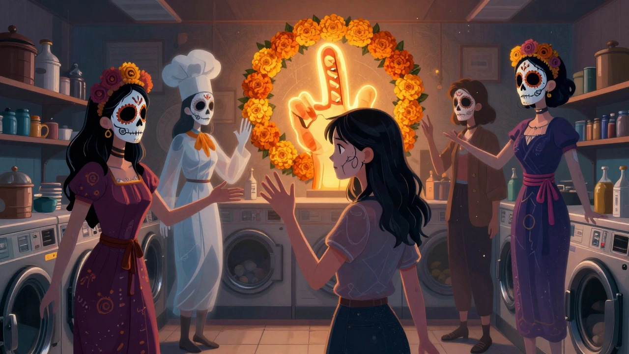 Evelyn Wang surrounded by ghostly versions of herself in Day of the Dead calavera forms, floating in a laundromat with a hot dog finger turning to flowers.