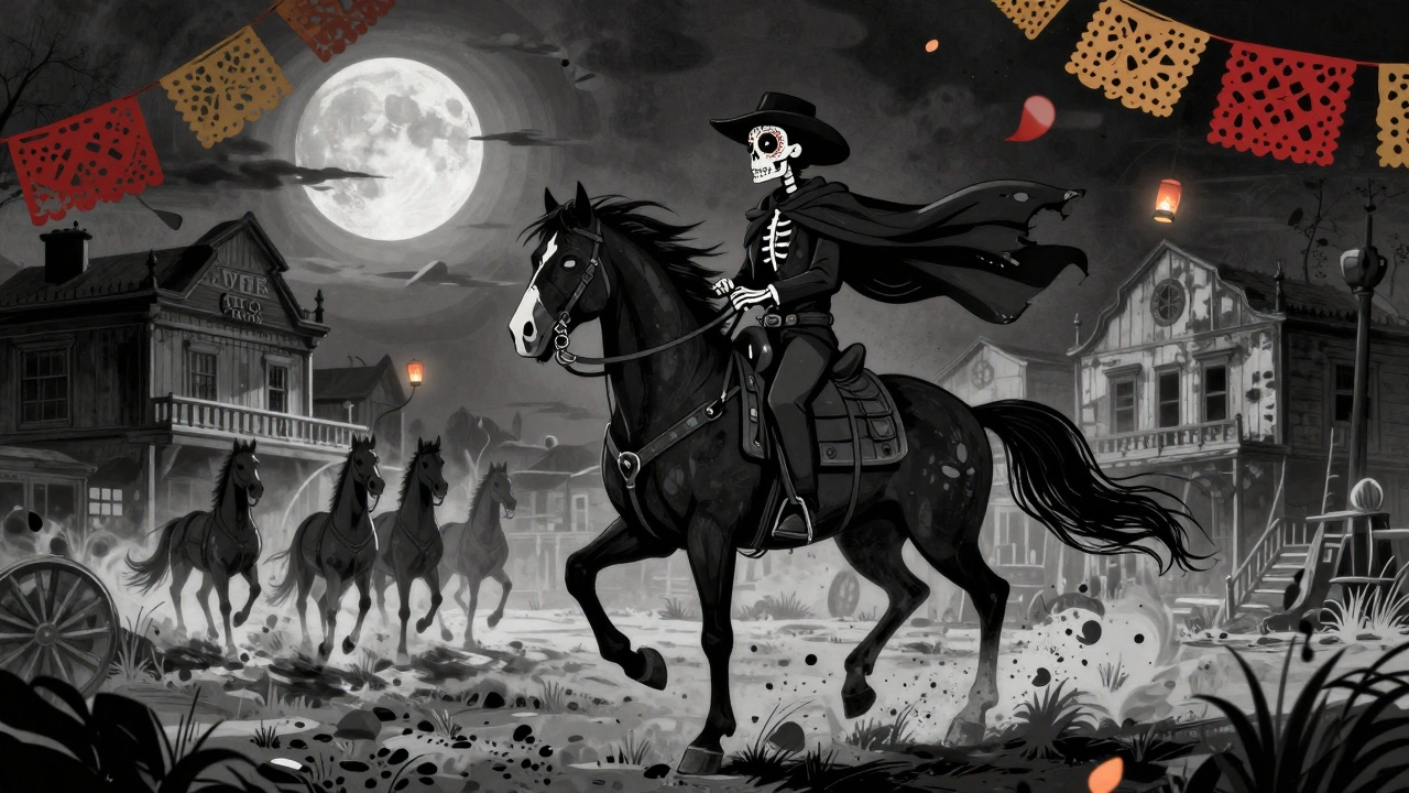 Ghost rider on black horse entering silent Western town, alebrije bones, floating lanterns and papel picado.