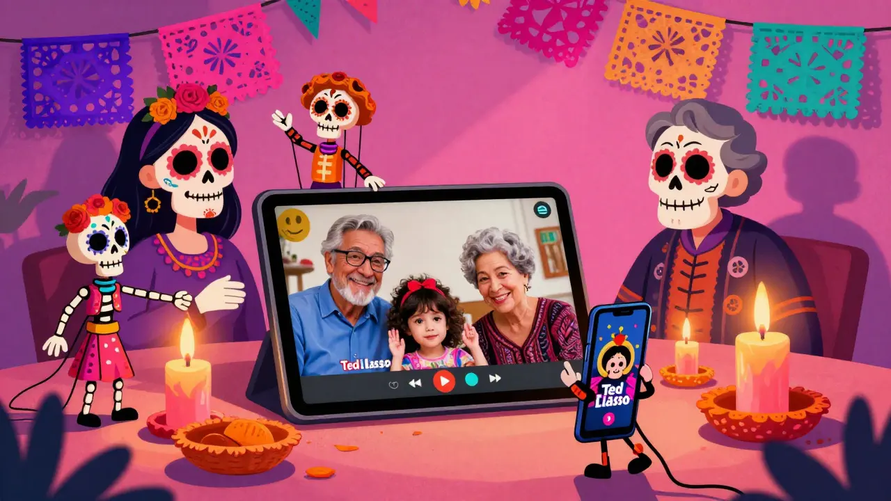 Grandparents and grandchild watching 'Ted Lasso' on iPads, surrounded by ofrenda candles and papel picado skeletons.