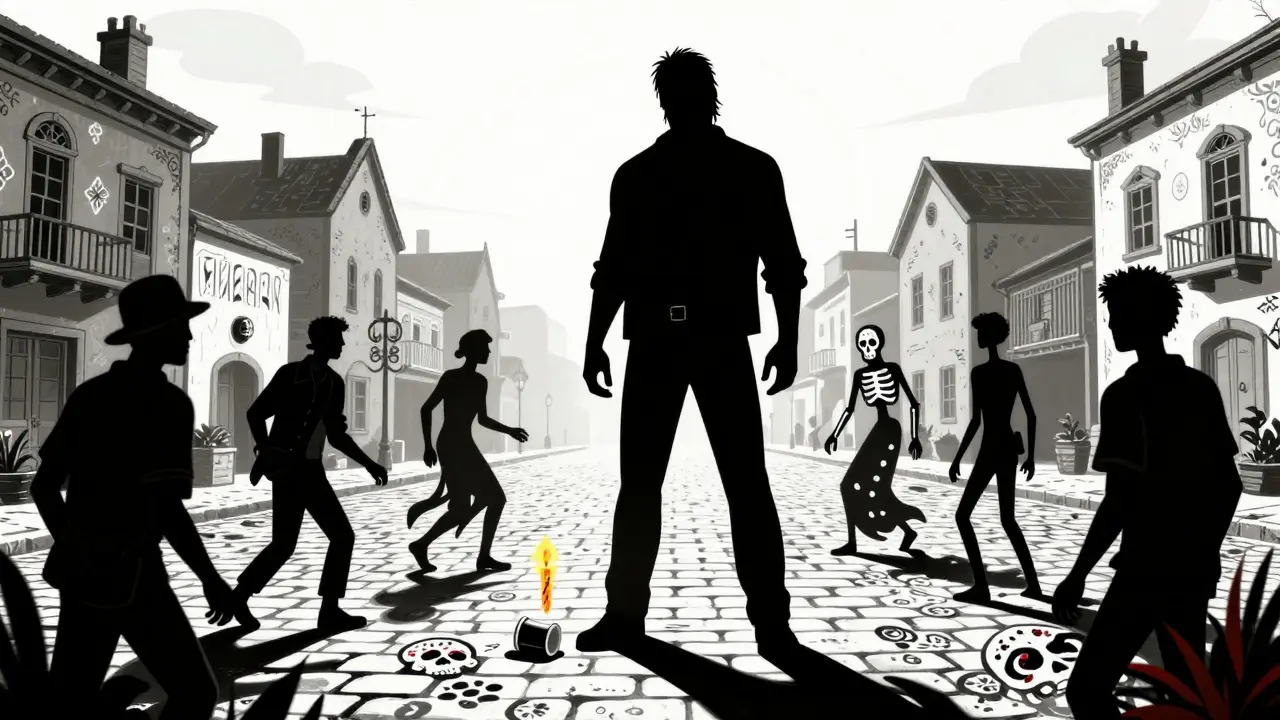 Jack Reacher stands in a town square surrounded by dissolving corrupt figures in Day of the Dead art style.