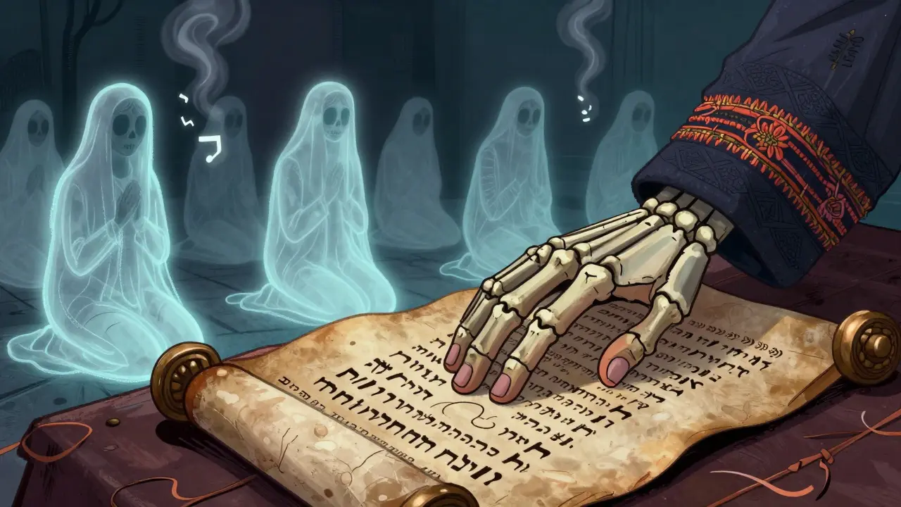 Jo’s hand rests on a Torah scroll as Adam’s skeletal hand gently covers it, with ghostly congregants praying in the background.