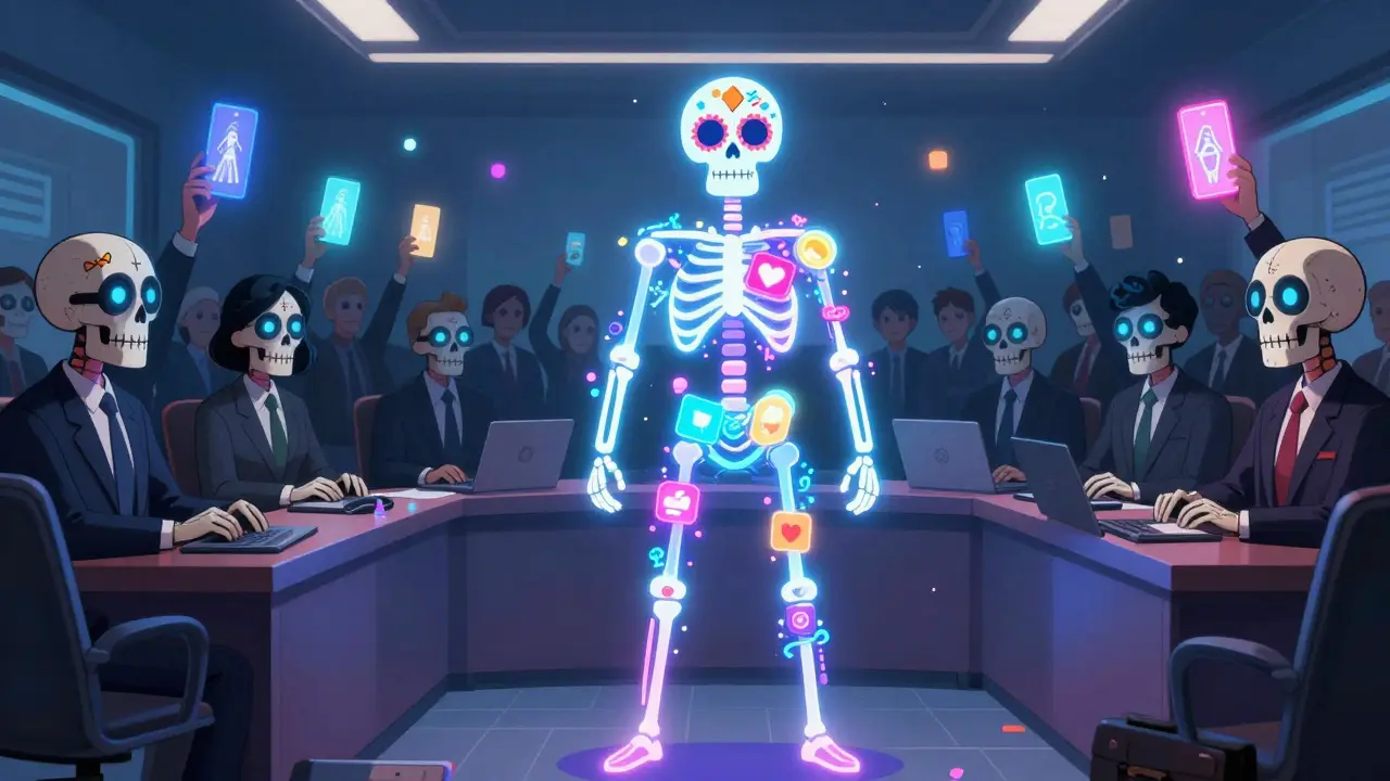 Neon, a glowing AI superhero made of social media icons, towers over corporate executives with camera eyes in a skeletal boardroom.