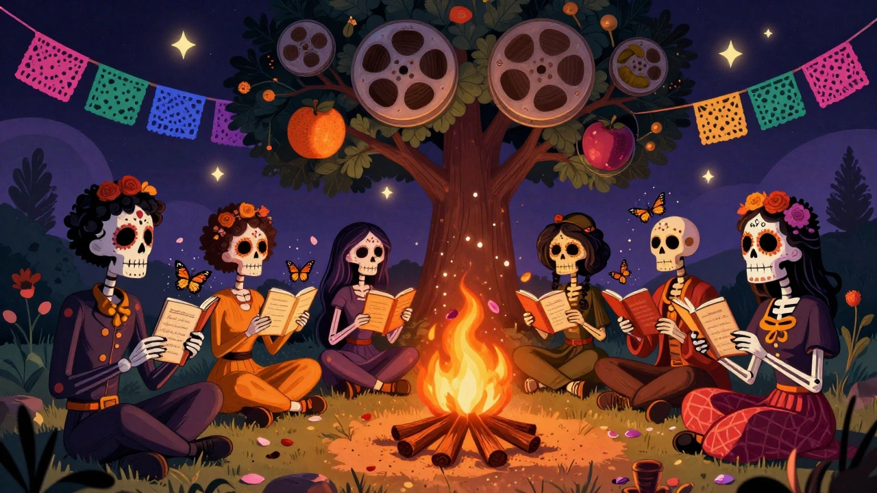 Skeletal film lovers sit around a campfire of projected frames, diary entries turning into ink butterflies.