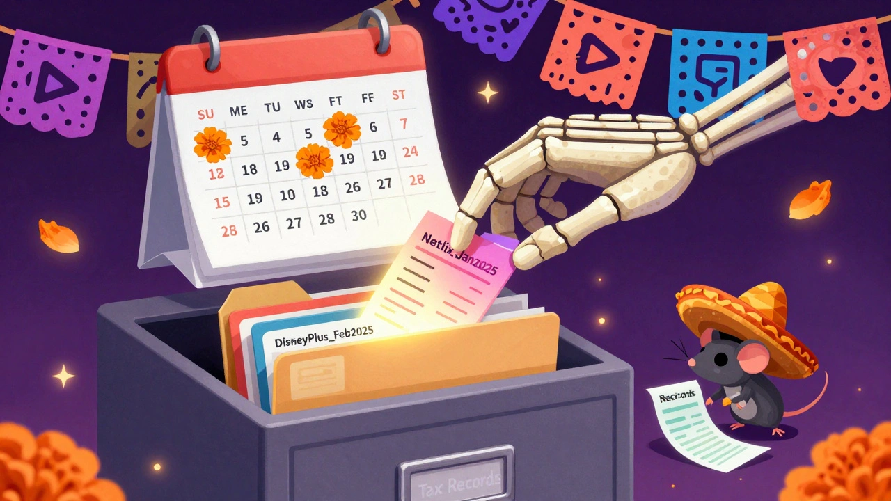 Skeletal hand organizing glowing email receipts into labeled folders, with marigold calendar in background.
