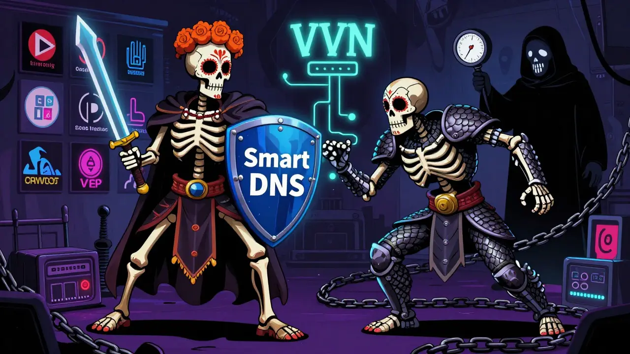 Smart DNS warrior defeating streaming blocks while a heavy VPN warrior struggles with latency chains under an ISP's watch.