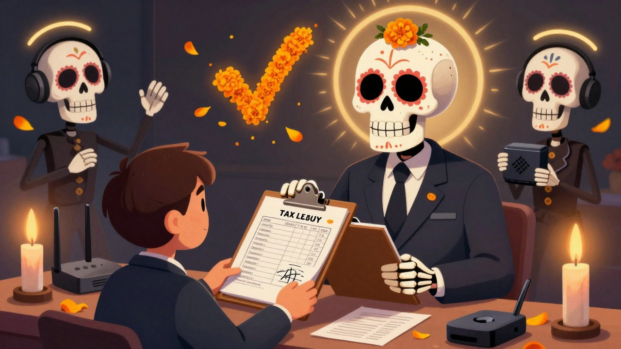 Tax auditor skeleton accepting a binder of receipts from a business owner, with dancing skull figures representing deductible items.