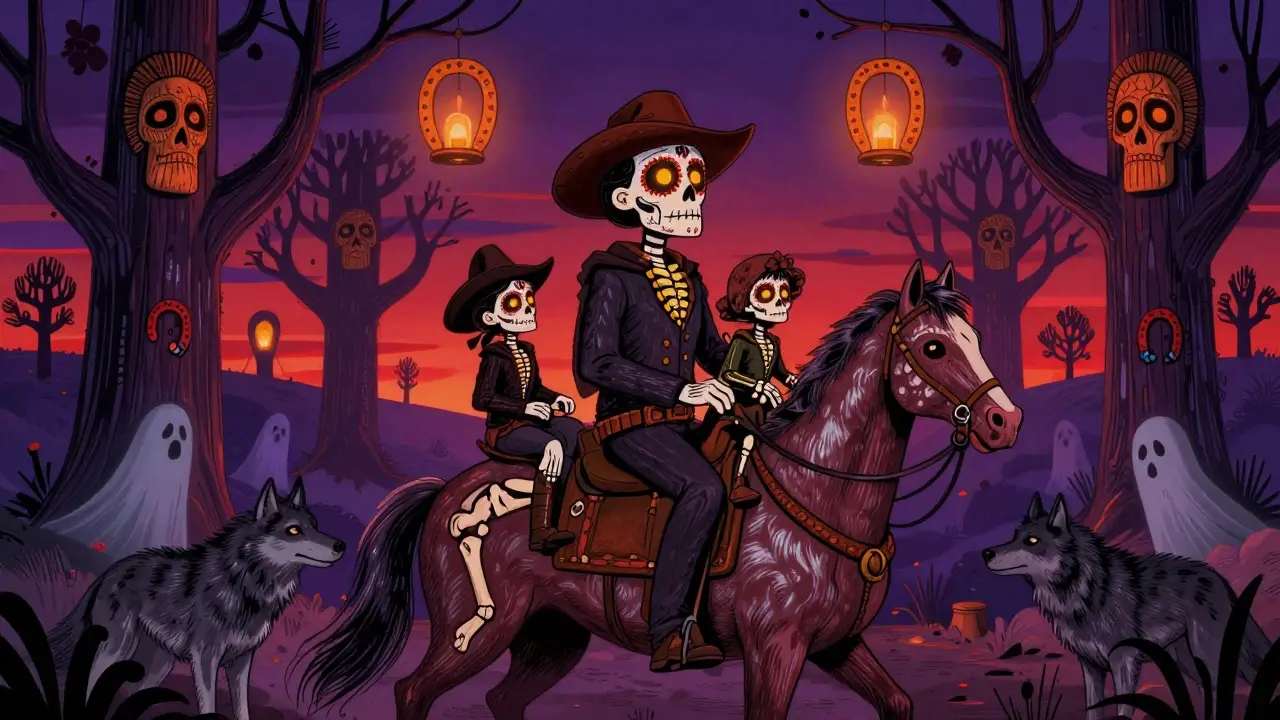 The Dutton family rides through a spectral western frontier with ancestral trees and skeletal wolves.