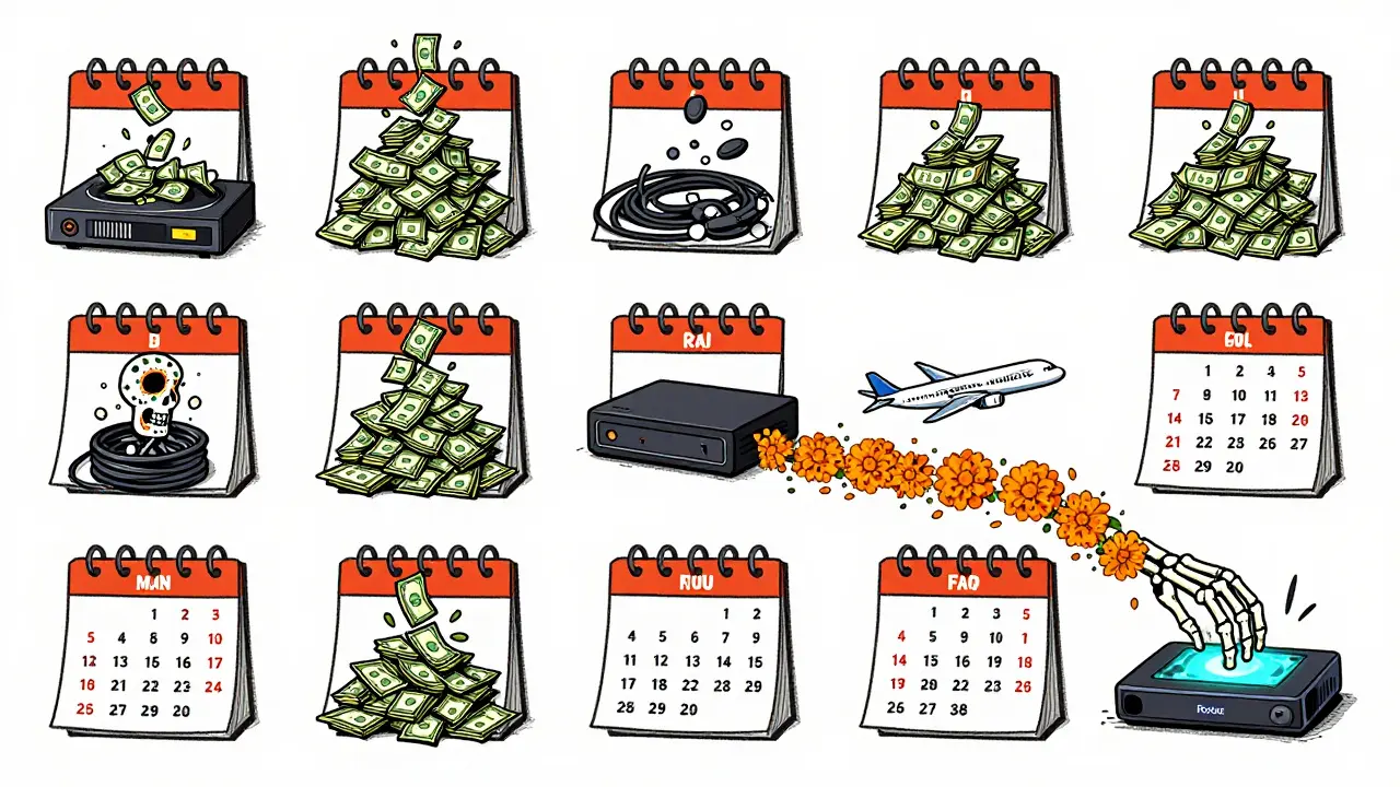 Twelve calendar pages show savings growing from streaming while cable bills vanish, leading to a plane ticket with marigold trails to a Roku device.